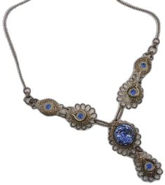 Vintage Necklaces With Intricate Design For Evening, Ornate Blue Necklace With Intricate Design, Victorian Filigree Necklace For Party, Antique Necklaces With Intricate Design For Party, Vintage Blue Necklace For Evening, Blue Victorian Filigree Jewelry, Victorian Blue Filigree Necklace, Bohemian Blue Necklace With Intricate Design, Blue Bohemian Necklace With Intricate Design