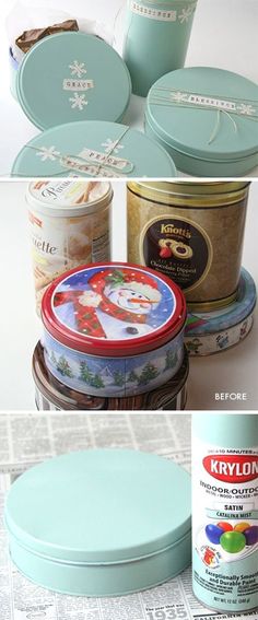 three different images of various tins and containers with labels on them, including one for krylon's