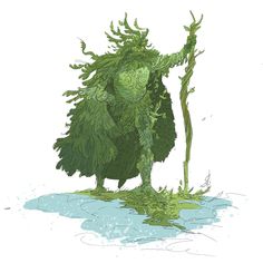 an illustration of a green creature standing in the water