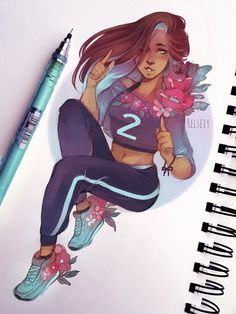 a drawing of a girl with flowers on her stomach and the number two drawn in front of her