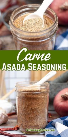 a jar filled with seasoning sitting on top of a table