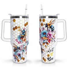 two mugs with bees and flowers on them, one has the words let it bee