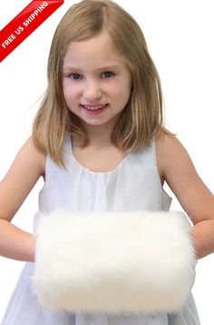 "Ivory Faux Fur Bridal Hand Muff FLEECE LINING, fox fur muff, wedding muff, fur shrug For For kids, bridal wrap, wedding wrap is fully lined. This master piece #270F-IVY is \"Original Design\" by Tion Design in MN. No Cheap Imitation Copy. The wrap is presented by our Real Good Model with Face Shown. Don't be fool by cheap imitation.  It looks very elegant, keep you very warm in Winter with 1\" Fur Height. It can be come with white Nylon String 12\", and super soft with Fleece Lining with Paddin Hand Muffs, Hand Muff, Kids Wraps, Bridal Fur, Fur Shrug, Wedding Fur, Faux Fur Wrap, Bridal Wrap, Wedding Wraps