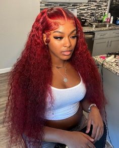 Cute Red Wig Hairstyles, Summer Color Wigs Black Women, Red Curly Hair Wig, Red Frontal Hairstyles, Frontal Wig Style Ideas, Water Wave Hairstyles For Black Women, Colored Wig Installs, Red Wet And Wavy Wig, Red Water Wave Wig