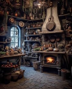 an old fashioned kitchen filled with pots and pans