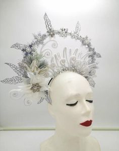 This beautiful white silver snowflake crown, tiara, kokoshnik, fascinator snow queen crown, ice crown,snow fairy costume crown,white-silver beaded  tiara,Christmas crown with snowflakes,flower,  leaves,quality pearls, rhinestones and sequins for a special lady! It will make you and your costume look more perfect.The crown with snowflakes,leaves and flower is unique and totally  hand-made, my own design.  It's ready for shipping!All of the elements are attached to the base securely.This sparkly a Snow Fairy Costume, Snow Queen Crown, Snowflake Crown, Queen Headpiece, Ice Crown, Beaded Tiara, Christmas Crown, Fairy Headpiece, Gothic Crown