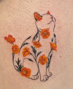 a cat with orange flowers on it's back side ribcage, sitting in front of a white background