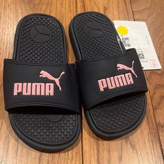 Puma Girls Pool Slides. Black With Pink Puma. Puma Slippers, Puma Sandals, Rihanna Puma, Puma Slides, Puma X Fenty, Cream Sandals, Pink Pumas, Toddler Sandals Girl, Chunky Platform Sandals