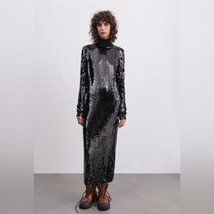 Nwt Zara Woman Long Sequin Sequined Dress Limited Edition Black Size M Black Long Sleeve Maxi Dress With Sequins, Black Maxi Dress For Fall Party, Fitted Sequin Maxi Dress For Fall, Black Sequin Maxi Dress For Party Season, Fall Sequin Maxi Dress, Sequin Maxi Dress For Fall, Black Fitted Long Sleeve Sequin Dress, Fitted Black Sequin Dress For Fall, Glamorous Black Sequin Dress For Fall