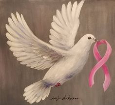 a painting of a white dove holding a pink ribbon