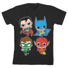 Fans of The Justice League are sure to love this youth black graphic tee. The DCO Toyetic tee features a big, colorful graphic that has been professionally printed to ensure long-lasting print quality. The DC Comics fan apparel tee shirt is black, and has short sleeves for comfort and style in any weather. The classic comic book characters apparel is made of 100% preshrunk cotton jersey. It can be machine washed in cold water with like colors, then tumble dried for easy care. As an officially li Multicolor Character Print T-shirt For Fan Merchandise, Multicolor Cartoon Print T-shirt For Fans, Multicolor Pre-shrunk Pop Culture T-shirt, Multicolor Pop Culture T-shirt Pre-shrunk, Black Crew Neck T-shirt With Pop Culture Style, Black Fan Apparel T-shirt With Graphic Design, Pop Culture Black T-shirt For Fan Merchandise, Black Pop Culture T-shirt For Fan Merchandise, Black Pop Culture T-shirt With Graphic Design