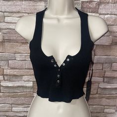 Black Knit Ribbed Cropped Top Short Sleeves Snap Button Top Closure Imported New With Tags Black Knit Button-up Top, Black Knit Tops With Button Closure, Black Ribbed Button-up Top, Black Cropped Top With Buttons, Biker Chick, Club Style, Button Top, Knit Crop Top, Knit Crop