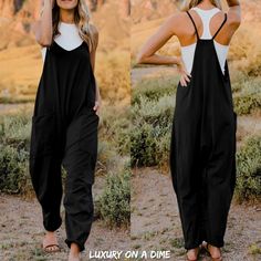 Oversized Hippie V-Neck Sleeveless Wide Leg Pant Pocket Jumpsuit (Plus Size Available) Casual Boho Hippie Just Received A Upgrade. This Girl-Next-Door One-Piece Romper Is Definitely A Step Above The Rest. Sleeveless Spaghetti Straps With A V-Neckline. Large Patch Pockets On The Front Legs. Oversized Comfy Style With Straight Leg Pants That Feature A Wide Bottom Hem. Cotton Blend Is Soft And Breathable. Details: Color: Black Sleeve Length: Sleeveless Sleeve Style: Spaghetti Pant Style: Wide Adjus Baggy Jumpsuit, Jumpsuit Plus Size, Flowy Jumpsuit, Pocket Jumpsuit, Wide Leg Romper, Jumpsuit Outfit, Classy Casual Outfits, Romper Outfit, One Piece Outfit