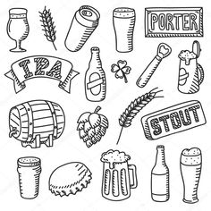 hand drawn doodle beer related items and drinks set - stock photo, isolated on white background