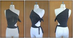 three different views of a woman's top on mannequins, one with a tie around the waist