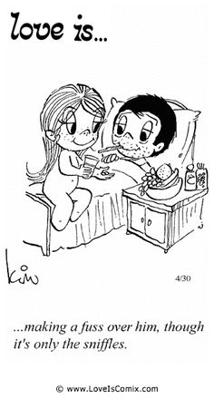 a cartoon drawing of a boy and girl eating food on a bed with the caption love is