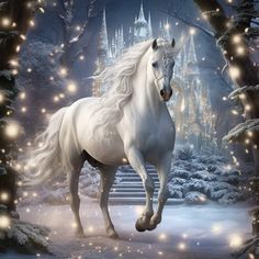 a white horse running through a snowy forest