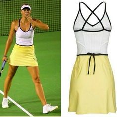 a female tennis player wearing a yellow skirt and white tank top with black trims