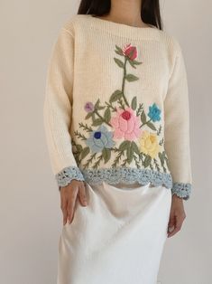 Vintage Embroidered Floral Sweater - S - G O S S A M E R Embroidered Sweater Outfit, Sweaters Outfit, Pink Closet, Padded Hangers, Embroidery Sweater, Upcycle Sweater, Modest Skirts, Embroidery On Clothes, Floral Sweater