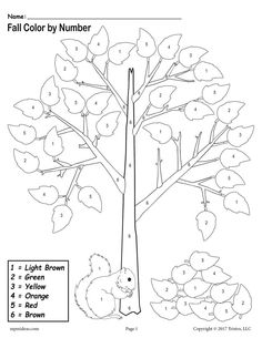 the fall color by number tree is shown with leaves and squirrels on it's branches