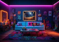 a living room filled with furniture and neon lights on the wall behind it is a painting