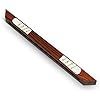 a wooden cue with white and red stripes on it's end, sitting on a white surface