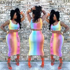 Rainbow Gradient Print Sexy Crop Top Midi Skirt Two Piece Set Spring Club Bodycon Skirt, Spring Bodycon Skirt For Club, Stretch Mini Skirt For Summer Club Events, Trendy Summer Club Skirt, Trendy Club Skirt For Summer, Summer High Waist Bodycon Skirt, High Waist Bodycon Skirt For Summer, Summer Two-piece Club Skirt, Two-piece Summer Skirt For Club