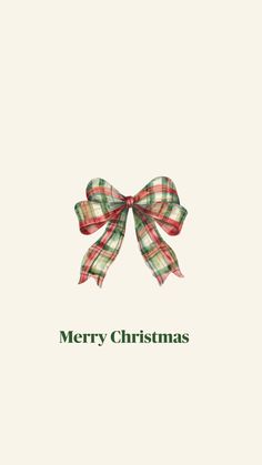 a christmas card with a red and green plaid bow on it's front side