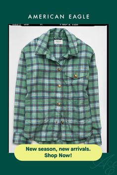 Collared neck/Button-up front/Chest pocket with flap button closure/Patch pockets at front/Curved hem | Plaid print/This is Real Good: Made with the planet in mind & a promise to continue to do better. Green Top With Patch Pockets For Fall, Green Long Sleeve Tops With Patch Pockets, Green Button-up Top With Patch Pockets, Green Workwear Tops With Flap Pockets, Green Tops With Flap Pockets For Work, Green Tops With Flap Pockets For Fall, Green Fall Tops With Flap Pockets, Green Long Sleeve Tops With Flap Pockets, Plaid Shacket