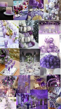 a collage of purple and white wedding decorations