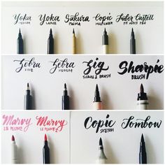 several different types of markers and pens on a white board with words written in them