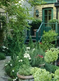 an outdoor garden with potted plants and flowers in front of a brick building, surrounded by greenery