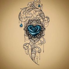 a drawing of a blue rose on a beige background with intricate designs and beads hanging from it's sides