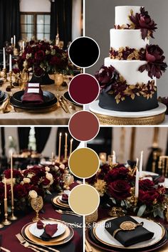 the table is decorated with black, gold and burgundy colors for an elegant wedding reception