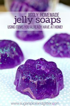 purple jelly soaps sitting on top of a white table with text overlay that reads, jelly homemade jelly soaps using items you already have at home