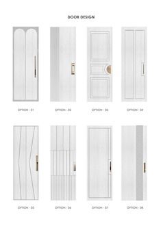 various types of doors and windows with different designs on each door, all in white