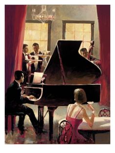 a painting of people sitting around a piano