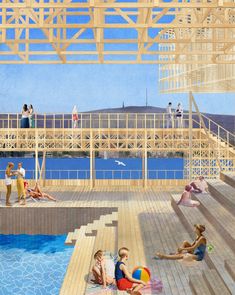 an artist's rendering of people relaxing on the deck of a building next to a swimming pool