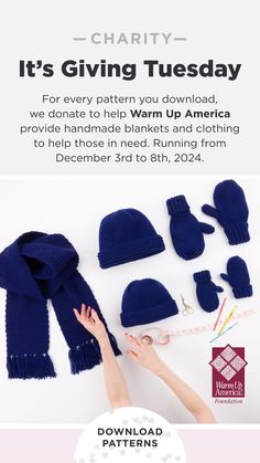 the flyer for charity it's giving tuesday with blue knitted hats and gloves