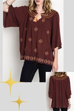 Umgee Elasticized shirred embroidered collar and adjustable rope tassel ties, loose fit, semi sheer, keyhole neckline. Oversize wide loose body fit. Color: Azuki, navy/camel accent Sizes S-M-L Bust 44-46-48, length 27, half sleeves 60% cotton, 40% polyester, Dry clean only, imported P2/C3075 Bohemian Fall Tops With Tassel Ties, Bohemian Tops With Tassel Ties For Fall, Bohemian Peasant Top With Back Tassel Tie-up, Bohemian Peasant Top With Tassel Ties, Bohemian Embroidered Brown Tops, Casual Peasant Top With Tassels For Fall, Rope Tassel, Fall Winter Jacket, Peach Love