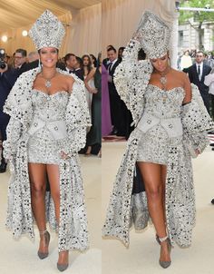 two pictures of the same woman in silver and white outfits, one is wearing an elaborate headpiece