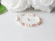 Adjustable Pink Birthstone Bracelets, Pink Pearl Bracelet, Girl Bracelet, Pink Baby Girl, Birthstone Colors, Baby Bracelet, Birthstone Bracelet, Bracelet Crystal