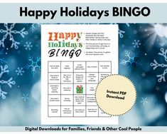 a happy holidays bingo game with snowflakes on the background and text that reads happy holidays