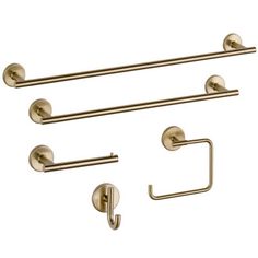 brass bathroom accessories set with towel bar, toilet paper holder and hooks on white background