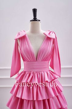 This Plunging Hot Pink Bow Sleeves Ruffle A-Line Short Homecoming Dress features a flattering plunging neckline and feminine bow tie straps. The tiered a-line skirt adds volume and movement, while the zipper back ensures a secure fit for a night of dancing. Elevate your style and confidence in this stunning dress. ♡ SKU: FV12870 ♡ Fabric: Taffeta ♡ Silhouette: A-Line ♡ Back Style: Zipper ♡ Embellishment: Ruffles ♡ Length: Above Knee ♡ Fully lined & Built with bra ♡ Size: US 2-16. True to the siz Detachable Wedding Dress, Bow Sleeves, Prom Long, Long Sleeve Prom, Dresses Quinceanera, Burgundy Prom Dress, Sequin Prom Dresses, A Line Shorts, Short Homecoming Dress