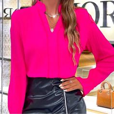 New, Lavishly Paris Women’s Hot Pink Flounce Sleeve Blouse. Accented With Dainty Frill Trim. Easy Popover. Soft Lightweight Woven Fabric. Notched Neckline With Ruffle Detailed Decor. Non Stretch. Machine Wash Or Professional Dry Clean Solid Color Long Sleeve Party Blouse, Long Sleeve Solid Color Blouse For Party, Stretch Long Sleeve Blouse For Office Wear, Feminine Long Sleeve Stretch Blouse, Feminine Stretch Long Sleeve Blouse, Solid Color V-neck Blouse For Party, Long Sleeve Blouse For Night Out, Party Blouse In Solid Color With Stretch, Pink V-neck Shirt For Fall