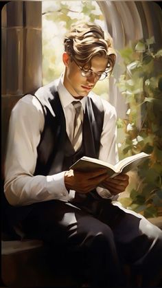 a painting of a man reading a book