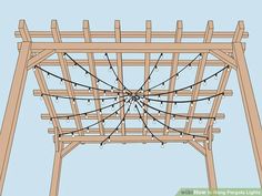 a wooden structure with lots of lights hanging from it's sides and wires running through the top