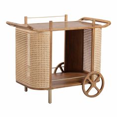 a wooden cart with wicker wheels on it