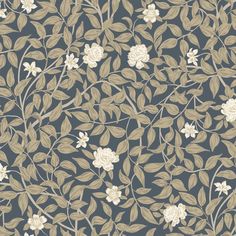 a floral wallpaper with white flowers and green leaves on a gray background, suitable for use in the design of curtains or upholves